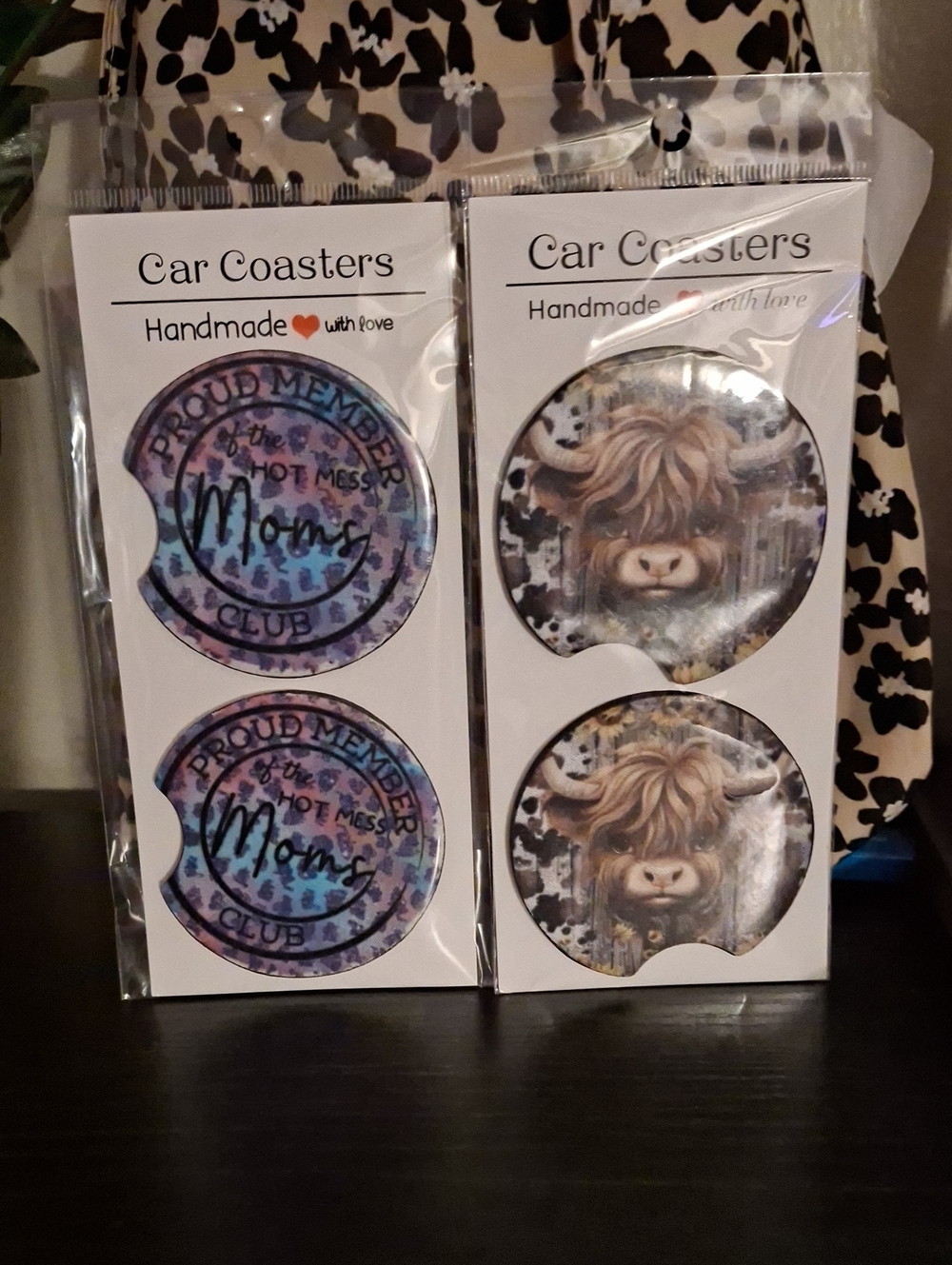 Handmade Car Coasters - Purple Teal 'Proud Member Mom' & Highland Cow Set ,home